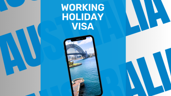 Australia writing in the background, mobile phone with picture of Sydney, writing Working Holiday Visa