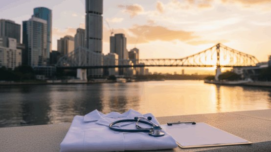 Nursing in Brisbane: Story Bridge and stethoscope on a clipboard