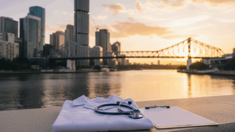 Nursing in Brisbane: Story Bridge and stethoscope on a clipboard