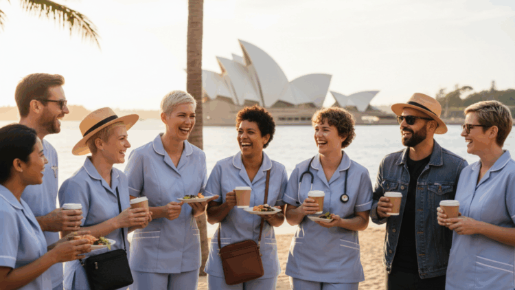 A diverse group of nurses enjoying the nurse lifestyle in Australia, relaxing outdoors together with iconic Australian scenery in the background.