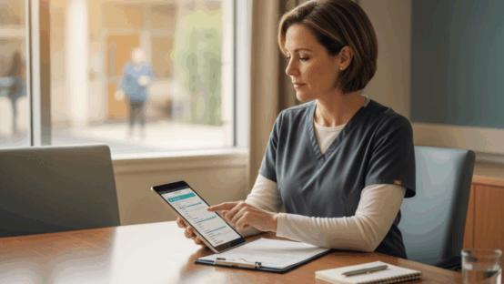 Nurse Unit Manager Interview Questions — senior nurse reviewing an interview checklist (Australia)