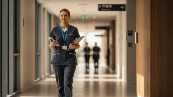 Nurse Unit Manager Recruitment — nurse leader walking in a private hospital corridor (Australia, 2026)