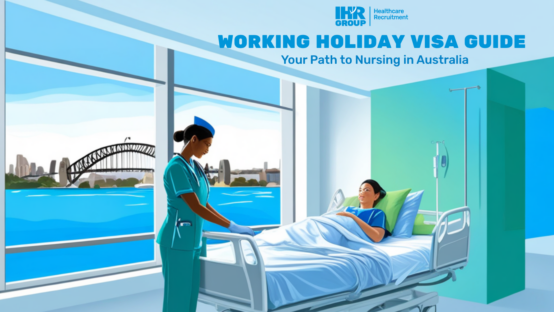 "International nurse in teal scrubs caring for patient in modern Australian hospital room with Sydney Harbour Bridge view - Working Holiday Visa Guide by IHR Group
