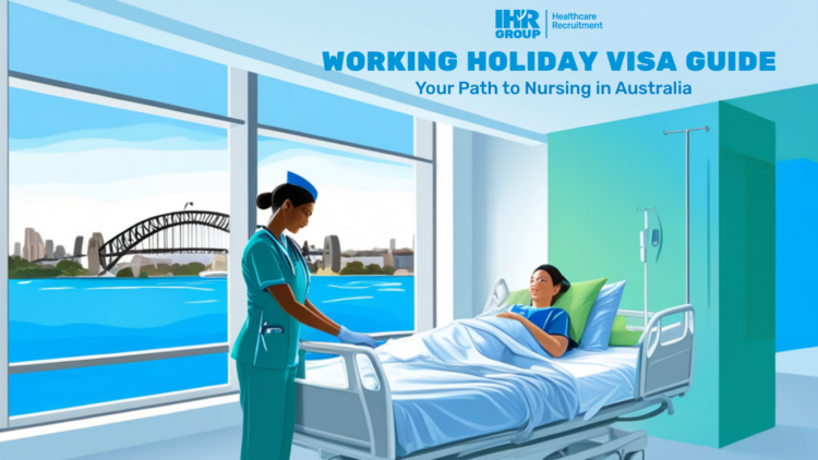 "International nurse in teal scrubs caring for patient in modern Australian hospital room with Sydney Harbour Bridge view - Working Holiday Visa Guide by IHR Group