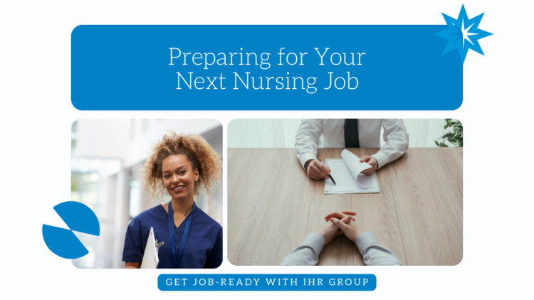 Preparing for Your Next Nursing Job text. A smiley nurse. People signing contract.