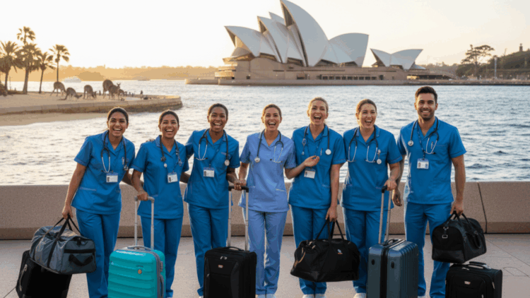 A diverse group of nurses with luggage in front of the Sydney Opera House, smiling and ready for their new journey—representing the experience of relocating to Australia as a nurse.