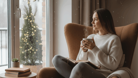 A woman in casual clothing sits in a cosy armchair by the window, holding a mug of tea and a notebook in her lap, surrounded by gentle festive decorations and soft winter light. The scene illustrates “Resolutions for Nurses in 2026,” evoking a sense of calm reflection and new beginnings.