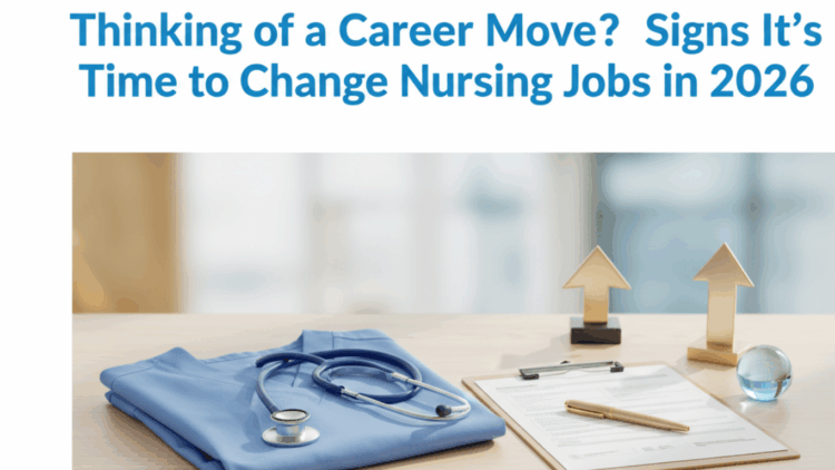 Minimal, elegant blog visual for ‘Thinking of a Career Move? Signs It’s Time to Change Nursing Jobs in 2026’ featuring the official IHR Group Healthcare Recruitment logo, a crisp white background, and a neatly arranged nurse’s uniform, stethoscope, and clipboard, symbolising career reflection and new year nursing career goals.