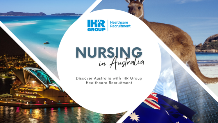 Nursing in Australia.Discover Australia with IHR Group Healthcare Recruitment written in the middle. Picture of the beach in Australia. Picture of the kangaroo. Picture of Sydney's Opera at night. Picture of Australia's flag.