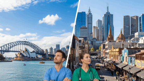 Nursing jobs Sydney vs Melbourne comparison - healthcare professionals in scrubs choosing between Australia's top cities with Sydney Harbour Bridge and Melbourne skyline