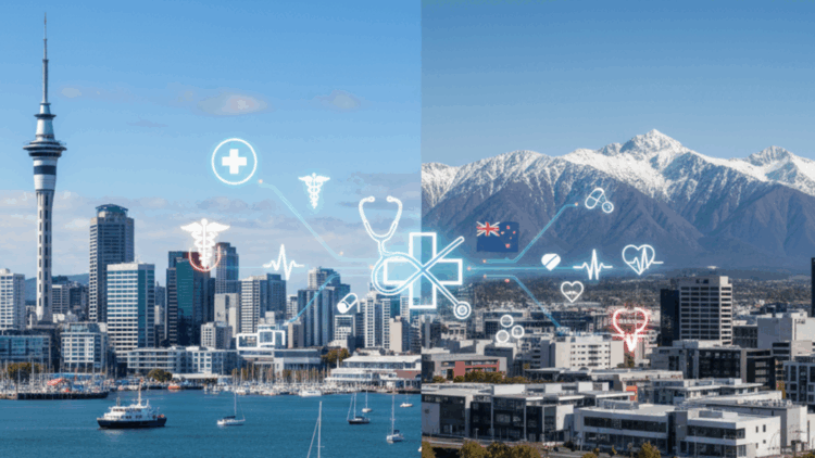 Auckland and Christchurch New Zealand cityscapes with medical healthcare symbols representing recruitment opportunities for General Practitioners for New Zealand.