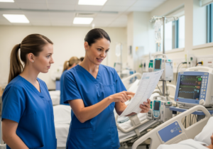 Clinical Nurse mentoring junior staff member in Australian hospital setting