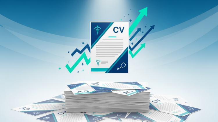 Professional illustration showing one standout nursing resume document elevated above a stack of ordinary resumes with spotlight effect and upward arrows, representing career success in healthcare recruitment