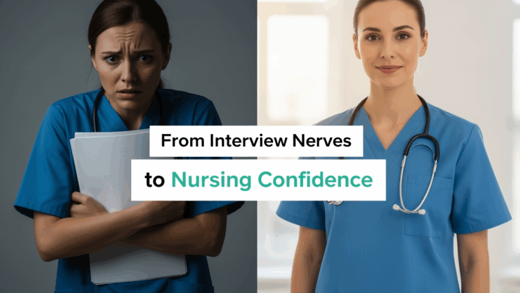 Split-screen image showing nurse transformation from stressed during job interviews to confident professional after IHR Group recruitment support