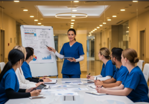 Associate Nurse Unit Manager leading nursing team meeting in Australian hospital