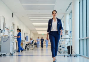 Professional registered nurse in Australia in business casual attire with stethoscope walking confidently down modern hospital corridor with healthcare activity in background