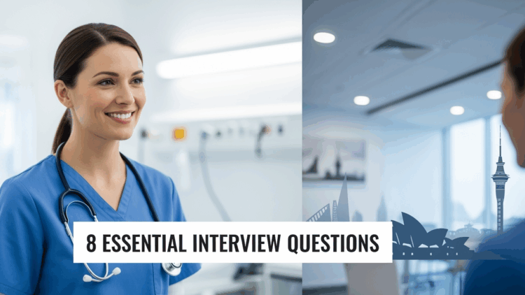 Split-screen image showing professional nurse in scrubs with stethoscope and hospital background featuring Australian landmarks with overlay text '8 Essential Interview Questions' for nursing interview questions guide