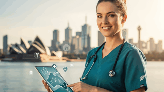 New Zealand nurse using laptop to research nursing opportunities in Australia, with Sydney Opera House in background, representing NZ nurses in Australia job search process