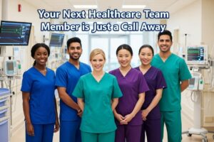 Diverse group of smiling healthcare professionals including nurses and midwives in colorful scrubs standing in a modern hospital corridor with overlay text 'Your Next Healthcare Team Member is Just a Call Away' for permanent nursing recruitment.