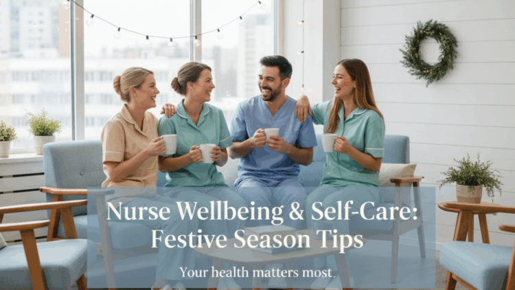 Nurses and midwives in scrubs, smiling and relaxing together in a hospital break room with festive decorations. Overlay text: “Nurse Wellbeing & Self-Care: Festive Season Tips.”